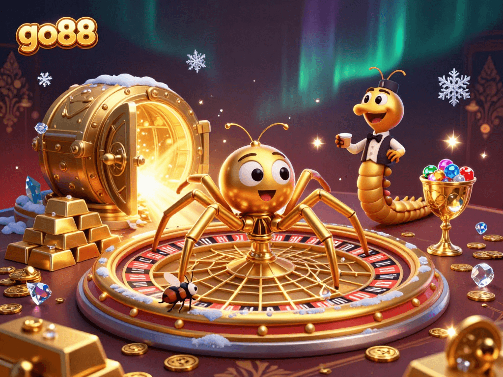Experience the thrill of go88 with a golden spider, roulette web, and dynamic casino imagery.