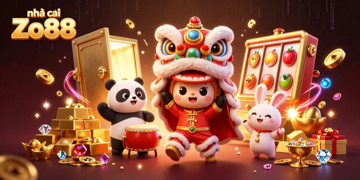 Experience thrilling gaming with nhà cái Zo88 in a vibrant illustration featuring festive characters and casino elements.