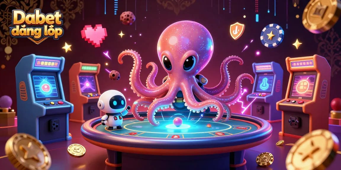 Dabet đăng nhập at a futuristic poker table with an alien octopus in a shimmering suit and a tiny robot.