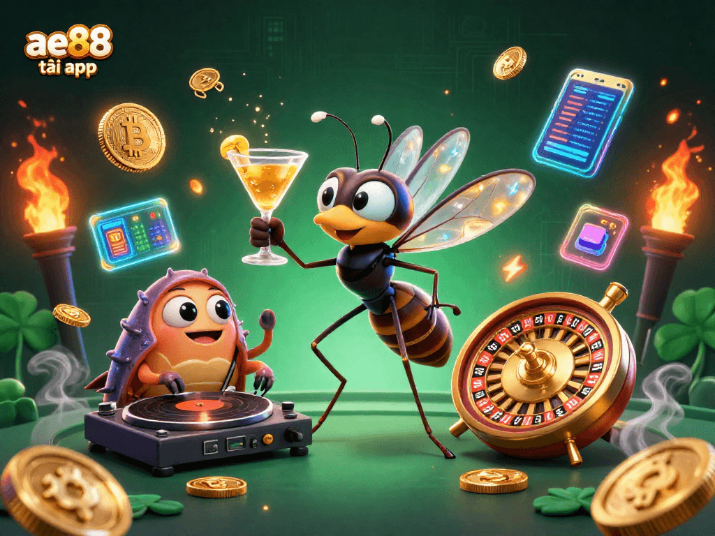 Experience the thrill of ae88 tải app with a vibrant casino scene featuring a unique mascot.