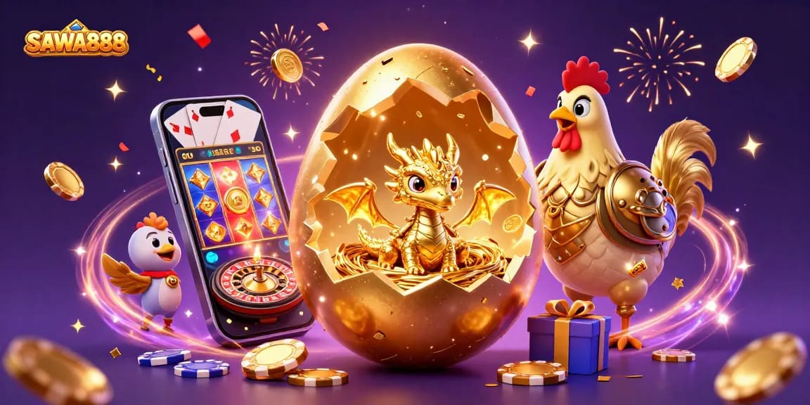 Experience the thrill of SAWA888 with a dragon emerging from a golden egg amidst casino symbols.