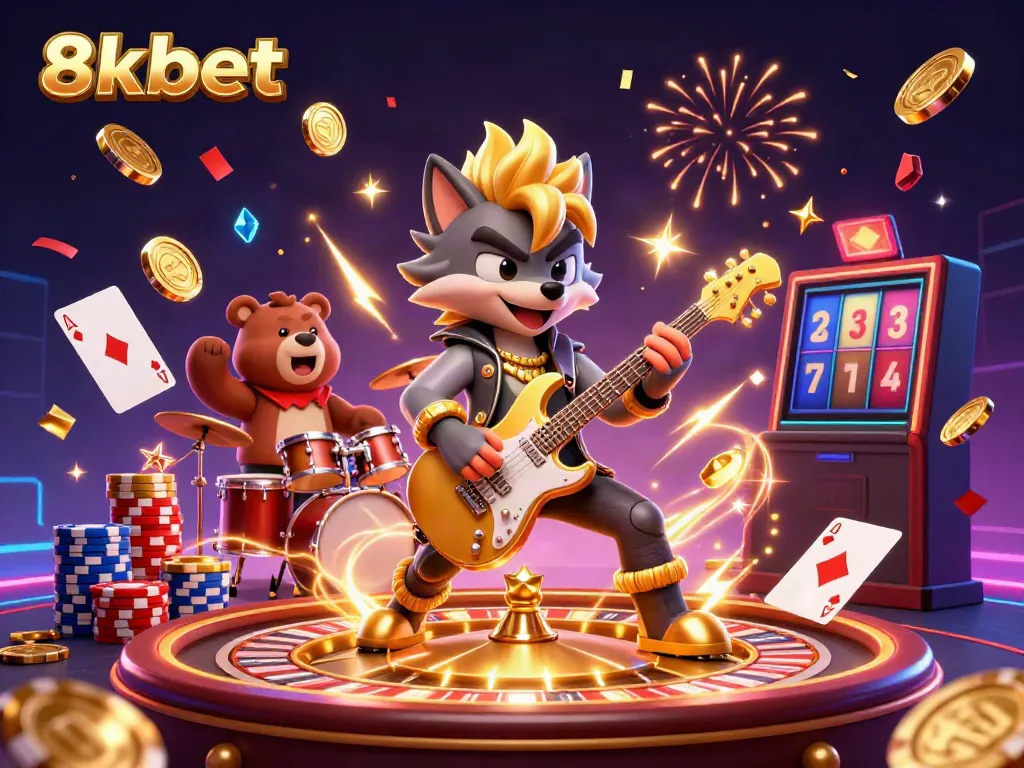 Experience thrilling action at 8kbet with a rock star wolf and drummer bear amidst a vibrant casino scene.
