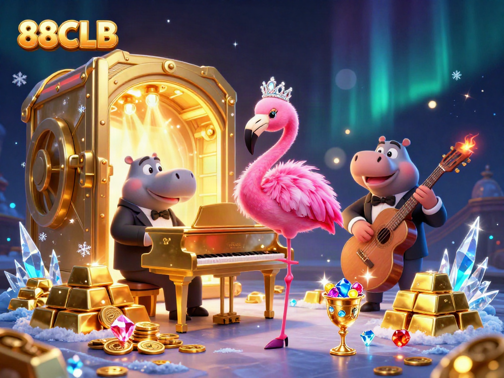 88CLB takes center stage as the flamingo singer dazzles, surrounded by gold and gems in a vibrant casino scene.