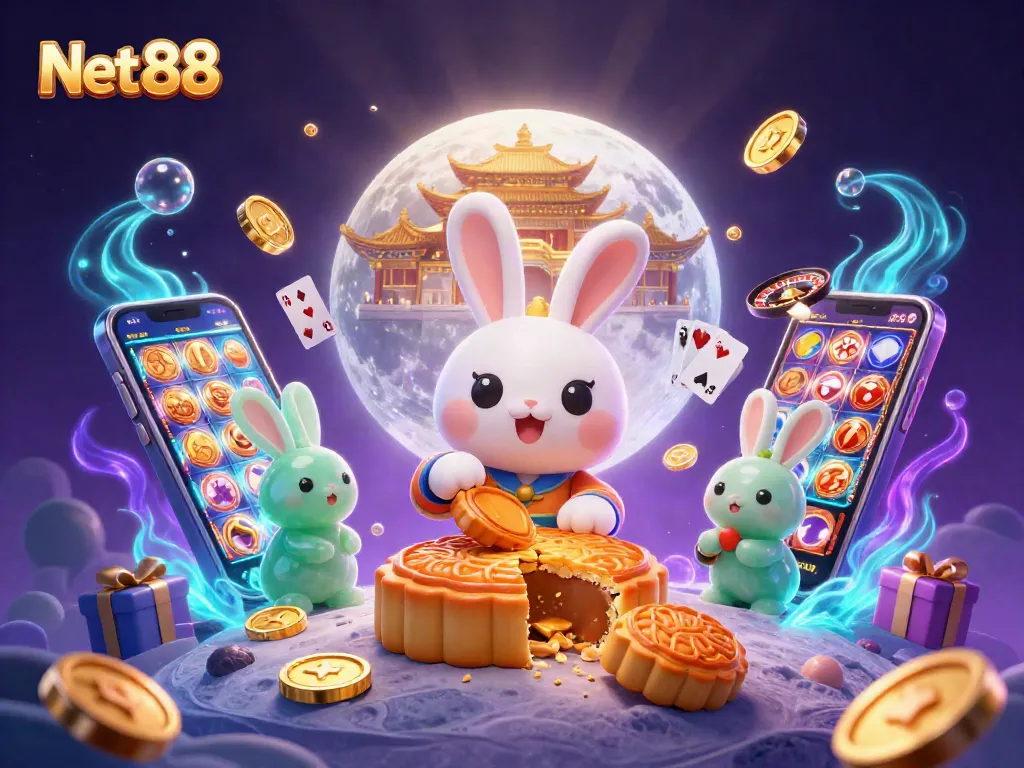 Engage in thrilling gameplay with Net 88's vibrant illustration showcasing a moon rabbit surrounded by casino elements.