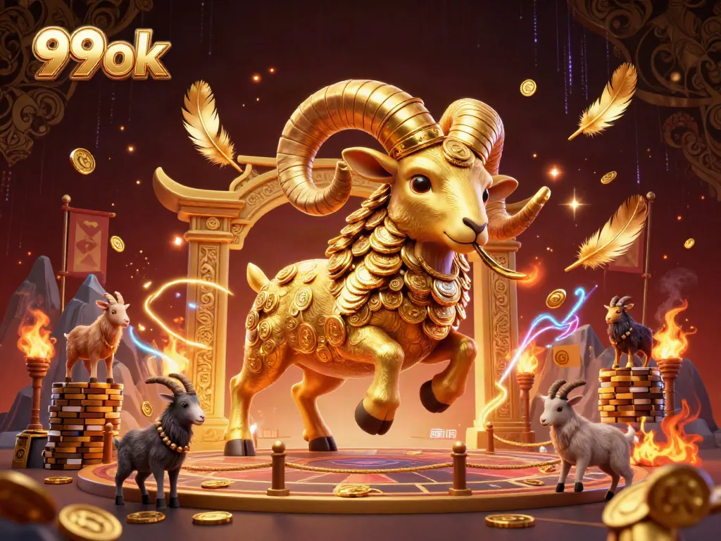Experience the excitement of 99ok with a dynamic scene featuring a golden ram charging through a casino setting.