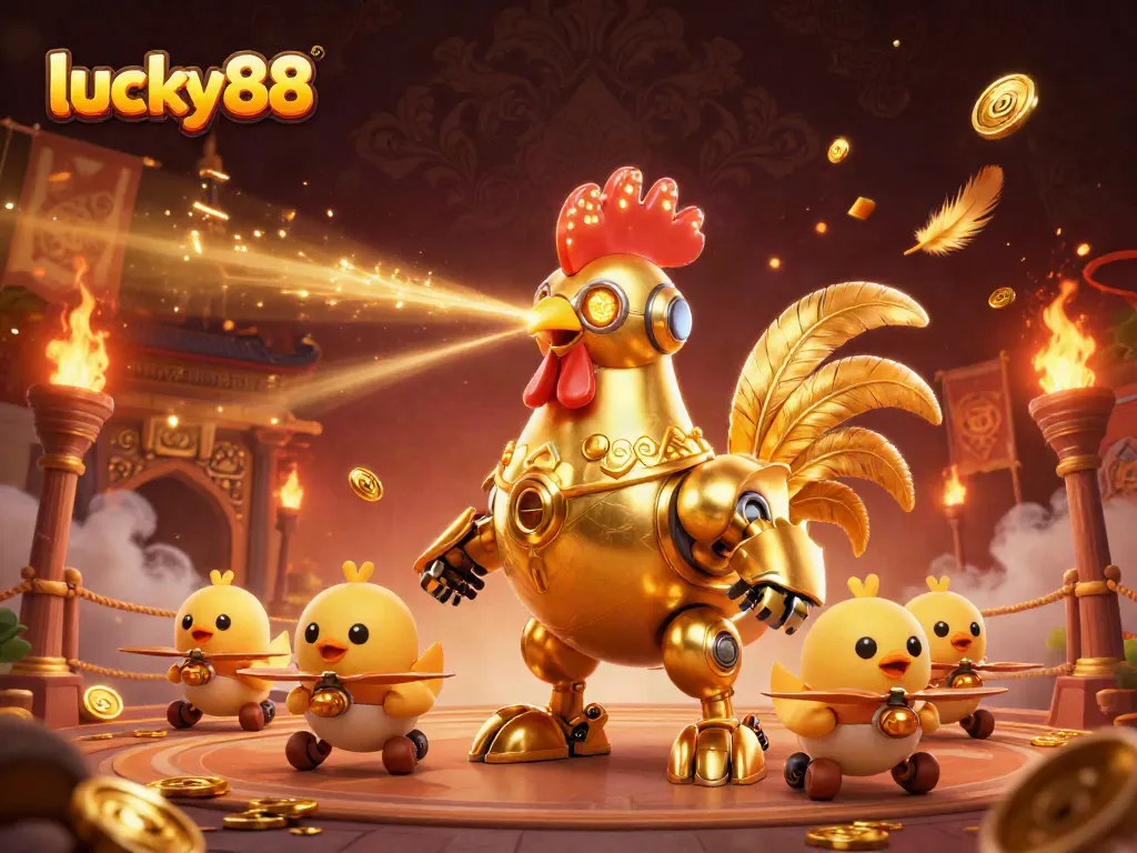 Engage with lucky88's vibrant casino scene featuring a futuristic golden rooster and charming baby chick drones.