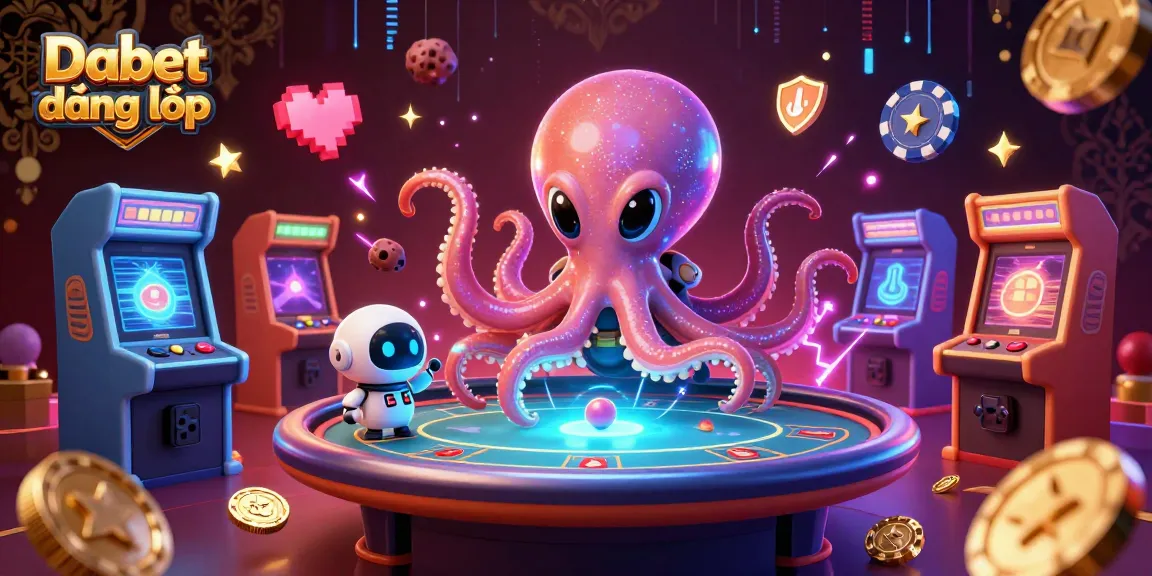 Dabet đăng nhập at a futuristic poker table with an alien octopus in a shimmering suit and a tiny robot.