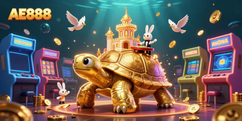 Experience excitement at AE888 with a golden tortoise casino and vibrant game elements.