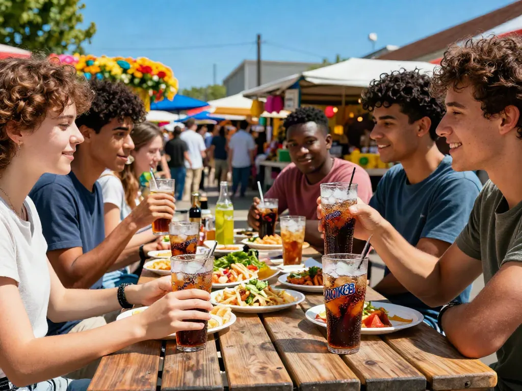 Friends enjoying ROKOK88 soda in summer market, vibrant and refreshing scene.