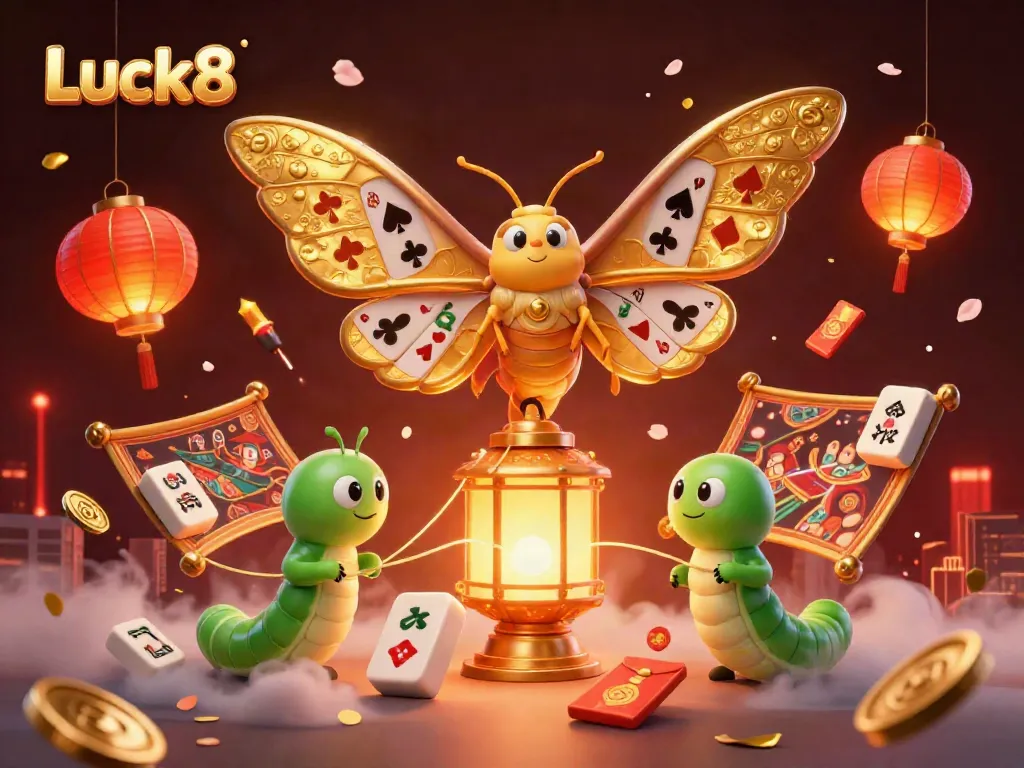 Luck8 presents a vibrant 3D illustration showcasing a majestic moth and casino elements in a whimsical atmosphere.