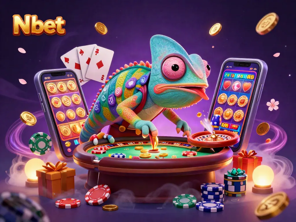 Experience thrilling gameplay at N bet with a vibrant casino scene featuring a chameleon owner and dynamic gaming elements.