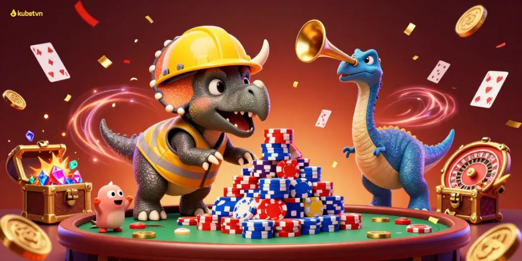 Win big at kubetvn with a lively casino scene featuring celebrating dinosaurs and exciting gaming elements.