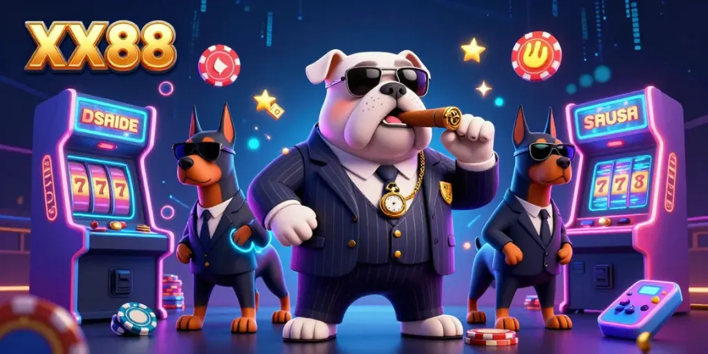 Experience the vibrant XX88 casino scene with a mafia bulldog and two Doberman bodyguards amidst slot machines and gaming elements.