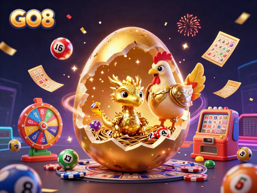 Win big with GO8's exciting gambling scene featuring a gold dragon and dynamic game elements.