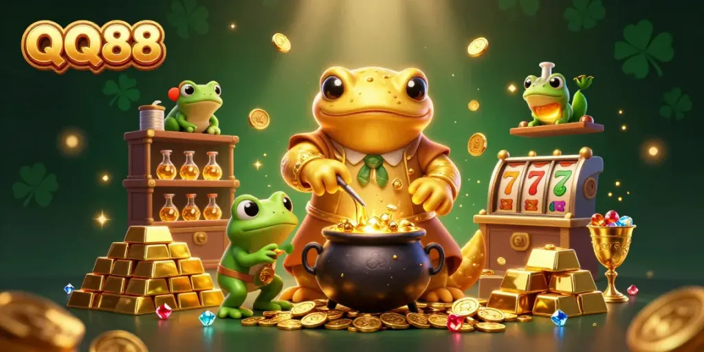 Engage in thrilling gameplay at QQ88's casino, featuring vibrant gold coins, alchemists, and dynamic gaming elements.