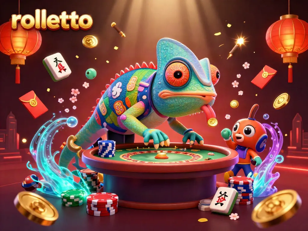 Engage with rolletto's casino magic as a chameleon owner captures golden coins amidst floating game elements.