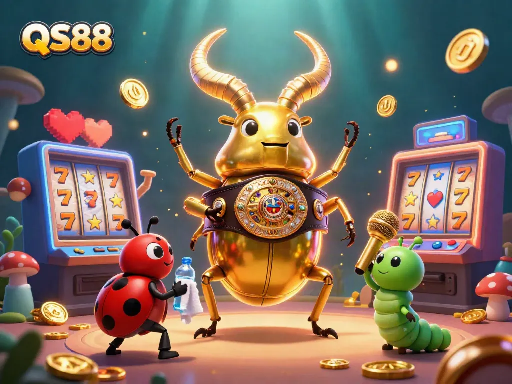 Engage with the vibrant QS88 casino world through a dynamic illustration of a golden stag beetle boxing, surrounded by slot machines and gaming elements.