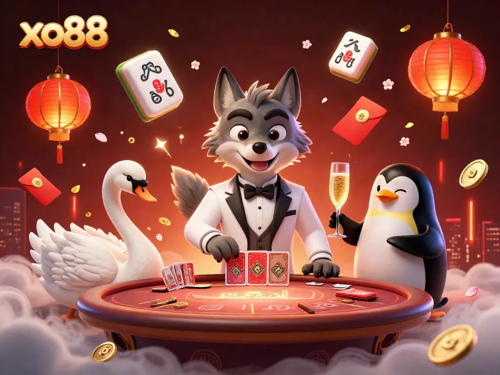 Engage in excitement at XO88 with a spectacular baccarat scene, featuring dynamic characters and vivid casino elements.