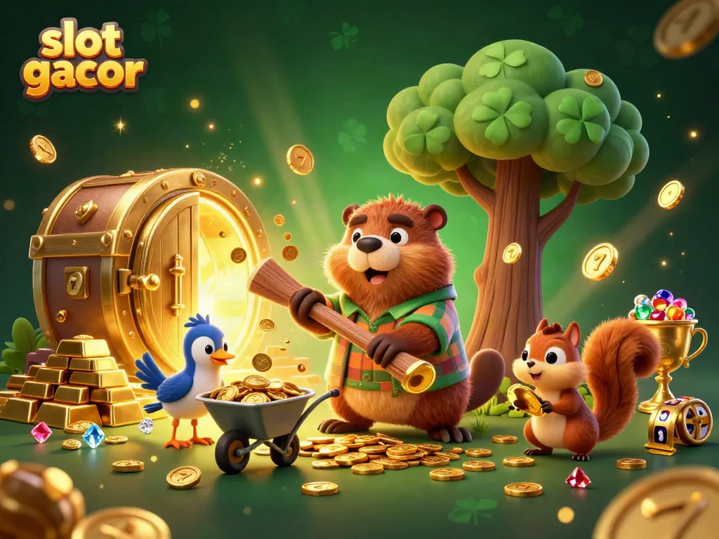 Experience the thrill of slot gacor with playful characters in a gold-filled gambling scene.