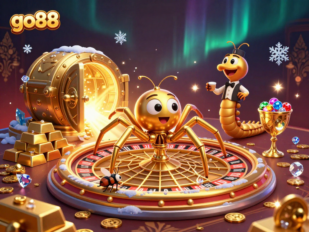 Experience the thrill of go88 with a golden spider, roulette web, and dynamic casino imagery.