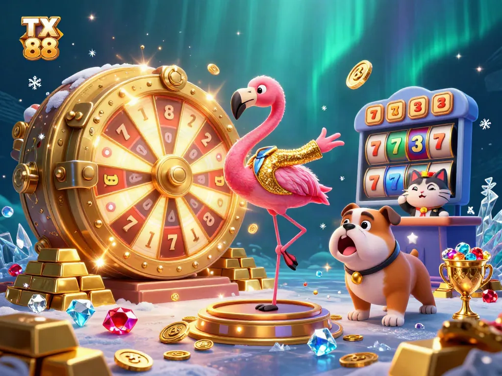 Experience the excitement of TX 88 with vibrant slots, fortune elements, and fun characters in a dazzling casino scene.