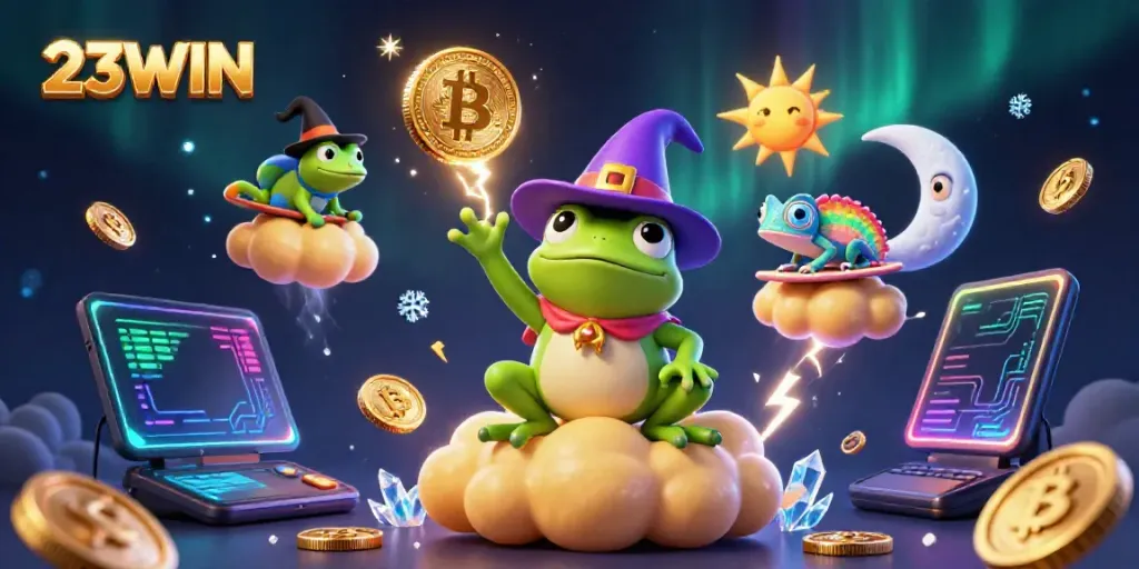 Experience the thrill of 23WIN with a vibrant storm of golden coins and dynamic casino elements.