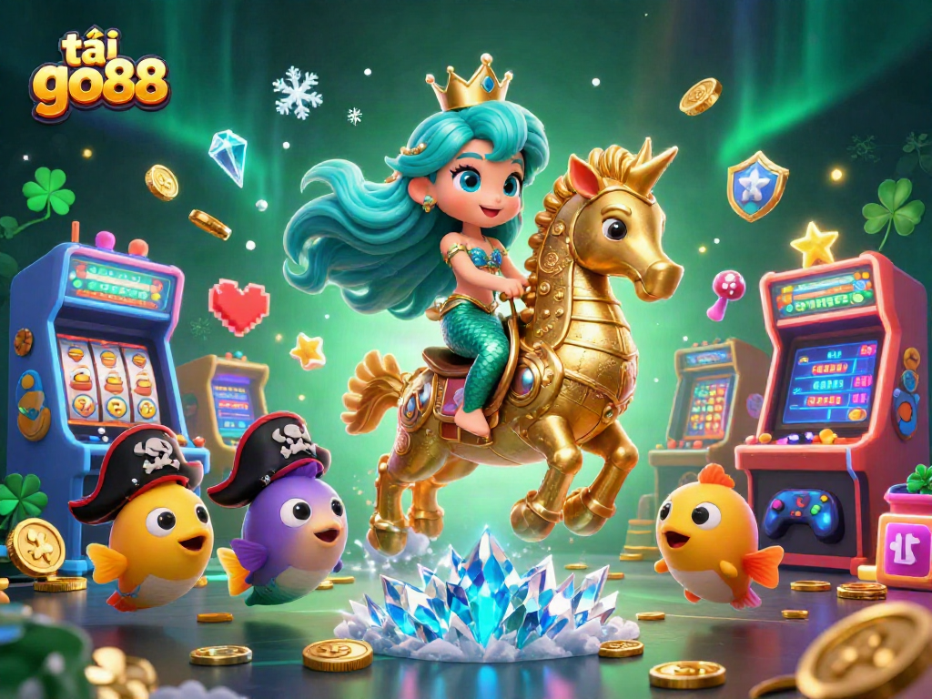 Play and win with tải go88 at this vibrant casino-themed illustration showcasing a mermaid and seahorse.