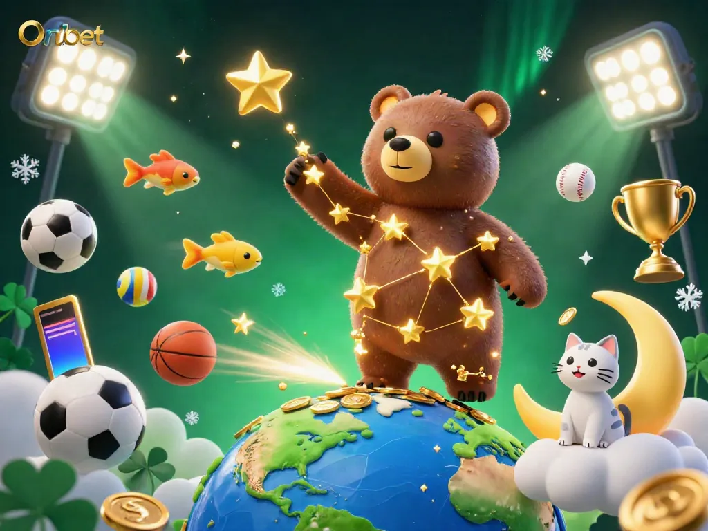 Engage with Onbet's winnings as a constellation bear collects coins amidst sports betting elements.