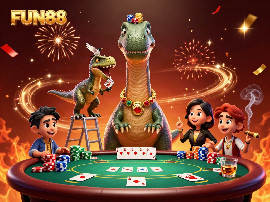 FUN88 delivers thrilling casino experiences with a giant dinosaur watching over a packed poker game.
