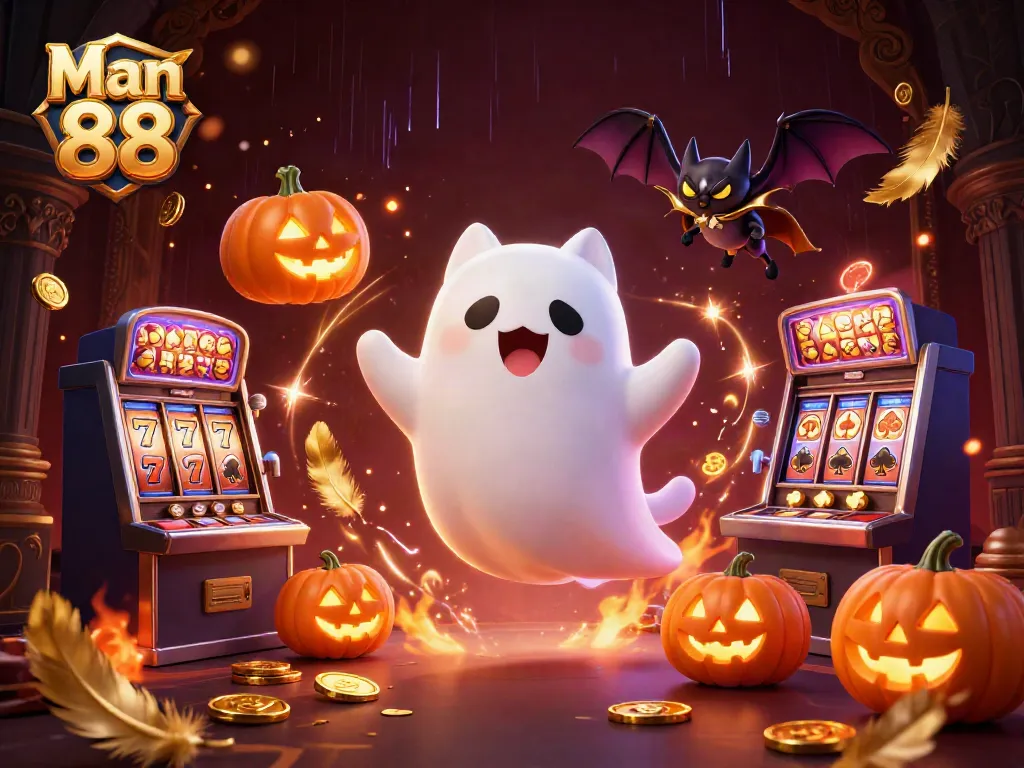 Experience the thrill of Man 88 with our vibrant ghostly casino scene, featuring glowing pumpkins and a bat.