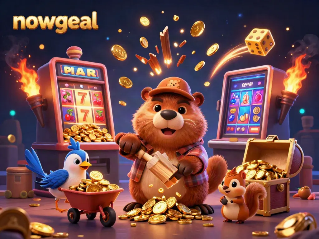 Experience thrilling moments with Nowgoal as a beaver collects golden coins in a vibrant casino scene.