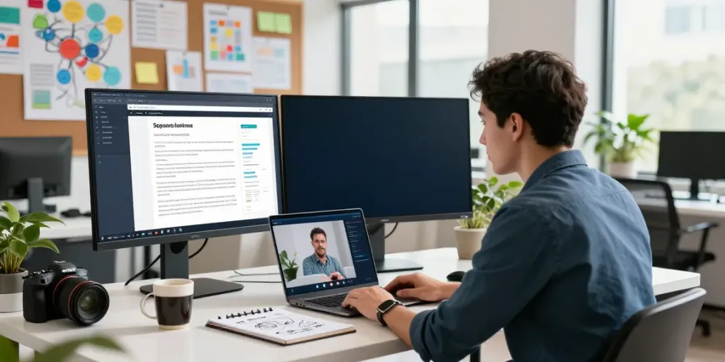 Creating sponsored software articles in a bright office setting with a content strategist reviewing a draft.