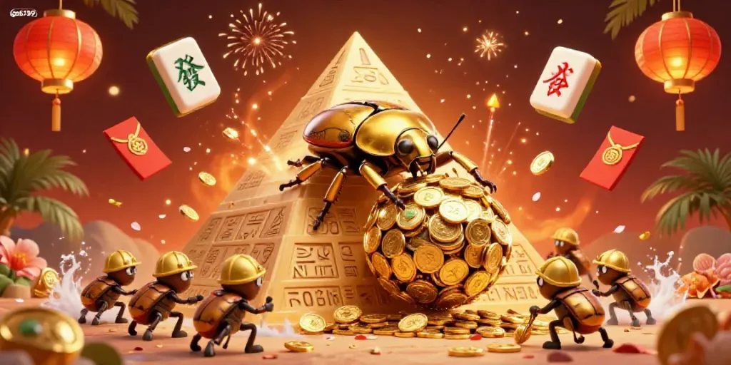 Experience the excitement of ga6789 with a golden dung beetle rolling coins in a dynamic casino-themed scene.
