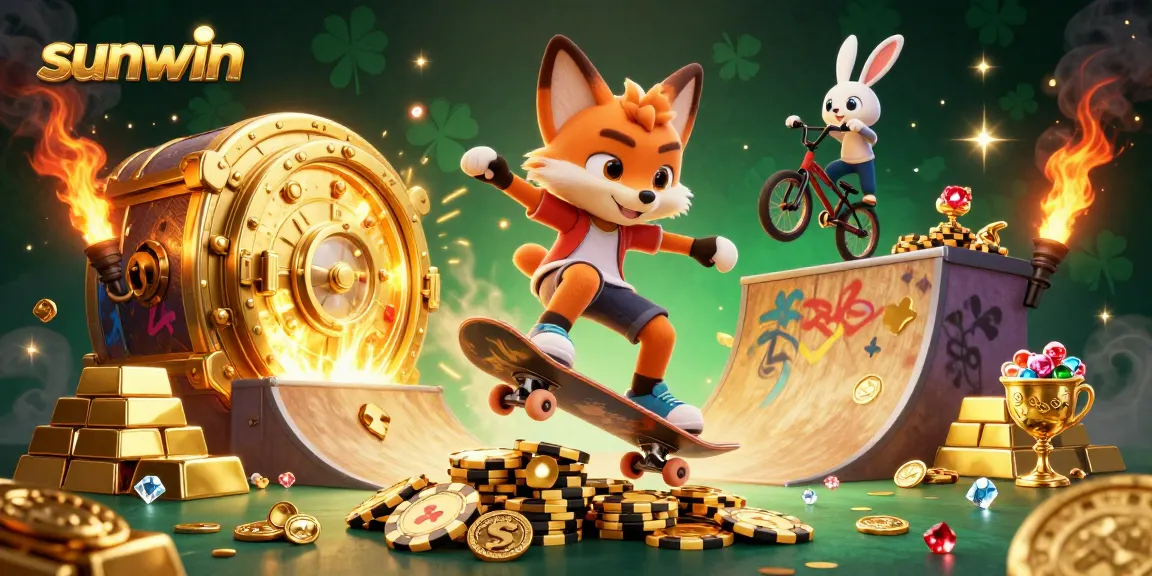 Experience thrilling wins at Sunwin with a skateboarder fox jumping over poker chips in an enticing casino scene.