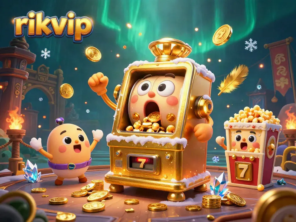 rikvip showcases a golden slot machine hitting a jackpot, coins spilling amidst vibrant casino elements.