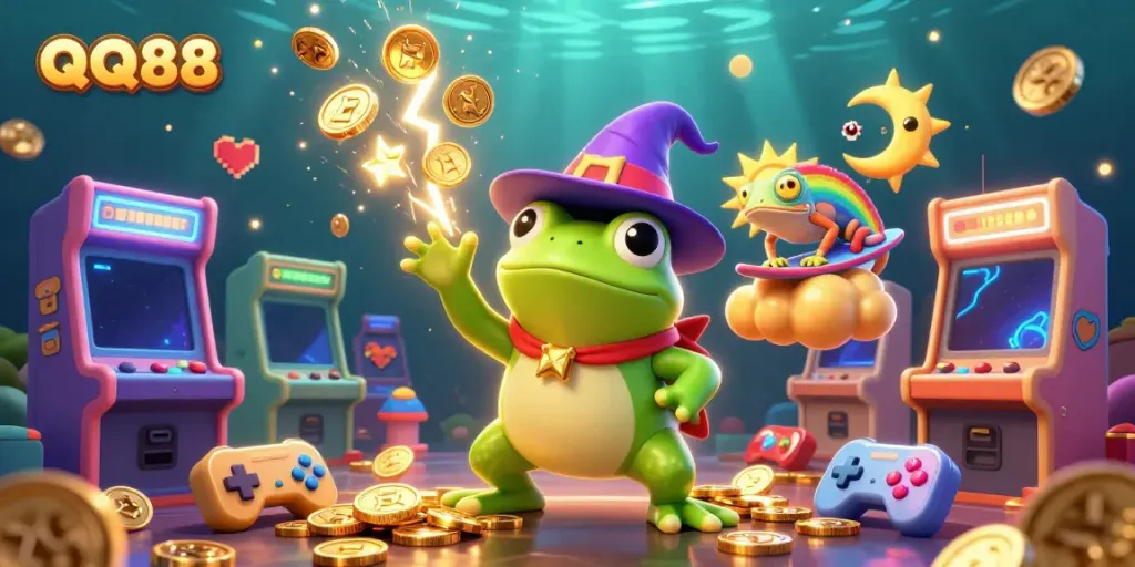Join the exciting QQ88 world of online gambling with vibrant casino-themed characters and dynamic gaming elements.
