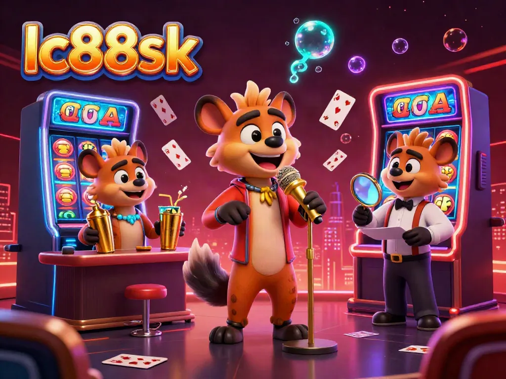 Engaging scene of lc88sk's hyena characters enjoying casino fun, featuring vibrant games and comedy atmosphere.