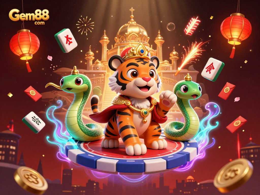 Experience thrilling gaming adventures with Gem88 com's vibrant casino scene featuring a tiger sultan and festive elements.