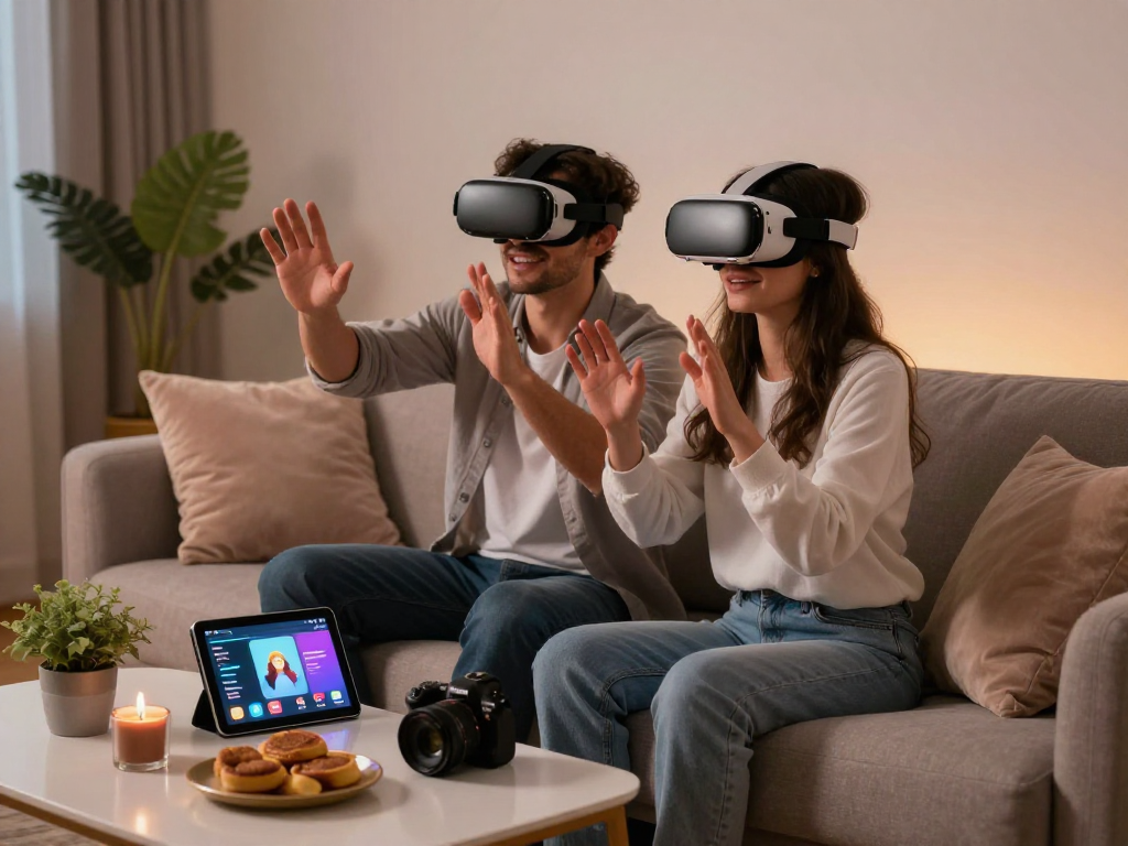 Couple experiencing ai sex through virtual reality in a cozy setting.