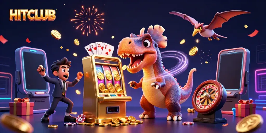 HITCLUB showcases fun with a pachycephalosaurus winning coins at a slot machine in a vibrant casino scene.