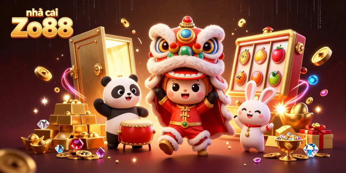 Experience thrilling gaming with nhà cái Zo88 in a vibrant illustration featuring festive characters and casino elements.