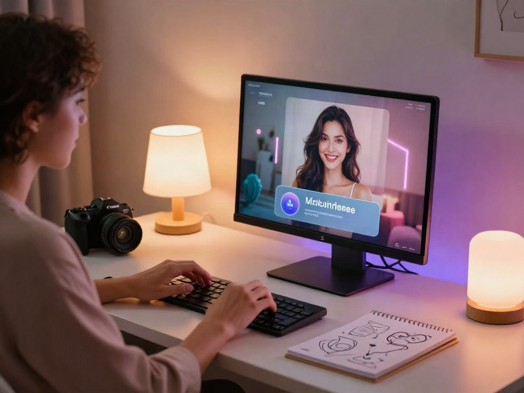 AI sex interaction in a cozy setting with advanced technology and warm lighting.