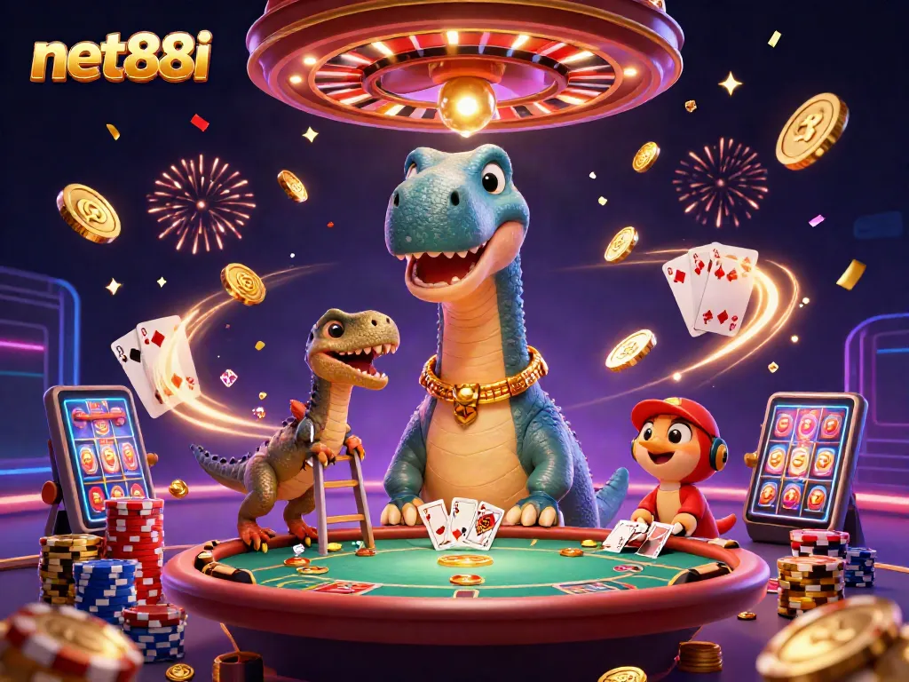 Experience the thrill of online gaming at net88i with colorful casino scenes, dynamic characters, and winning energy.