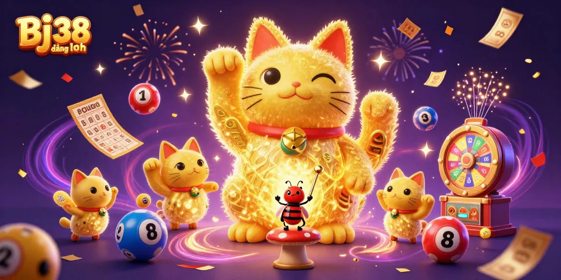 Participate in exciting gaming moments with Bj 38 đăng nhập, featuring dynamic lottery balls and a lucky cat illustration.
