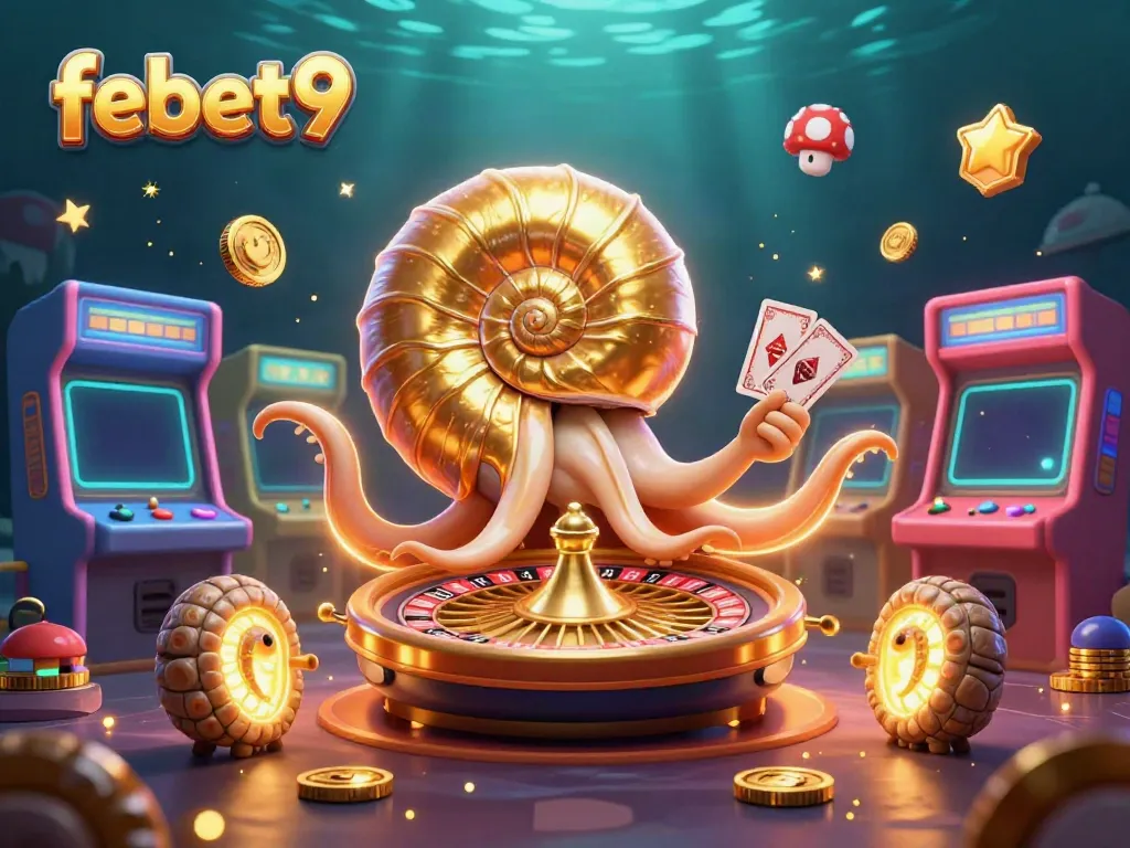 Experience the excitement at febet9 with a vibrant 3D casino scene featuring interactive games and glowing elements.