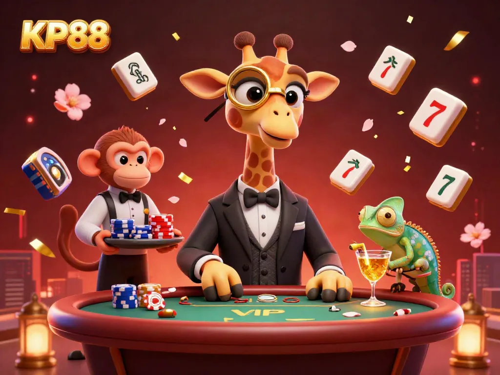 Experience the thrill of KP88 with a high-roller giraffe at a vibrant poker scene, featuring lively gaming elements.