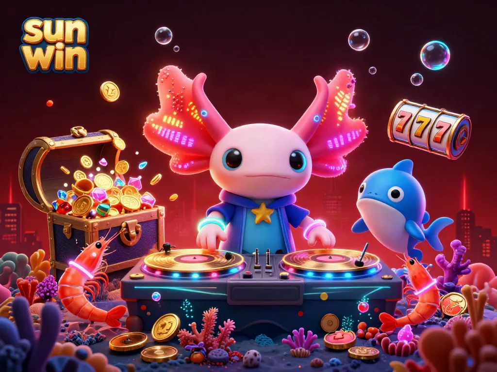 Experience the vibrant sun win casino scene with an axolotl DJ and dynamic gaming elements.