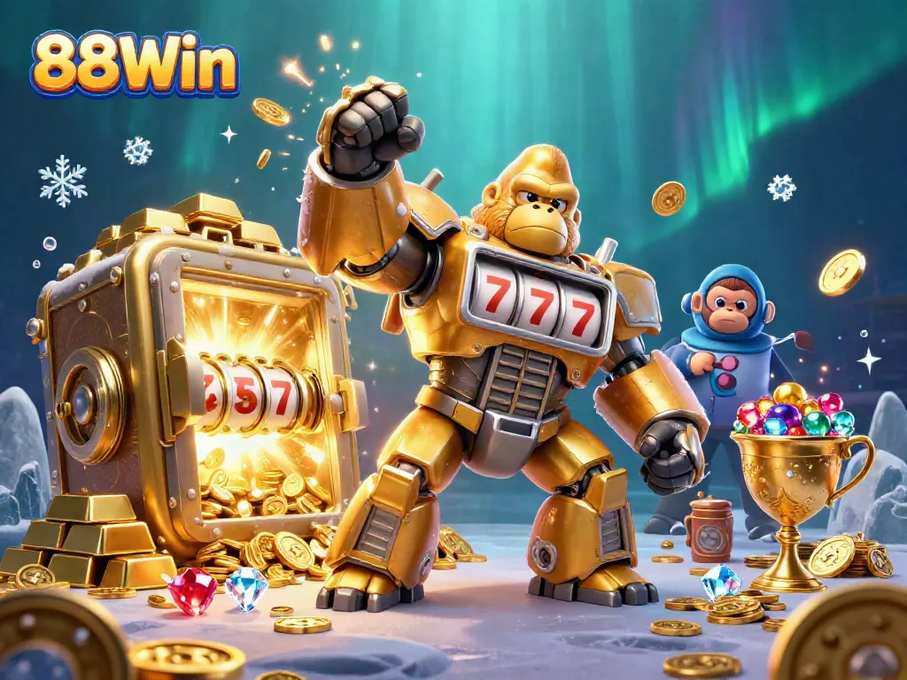 Experience the thrill of 88Win as the golden gorilla mech bursts with treasures in this vibrant casino scene.