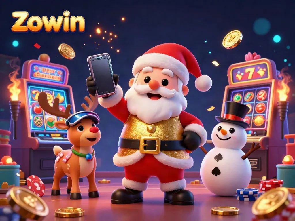 Zowin Casino scene with Santa Claus, reindeer, and snowman celebrating jackpots and fun.