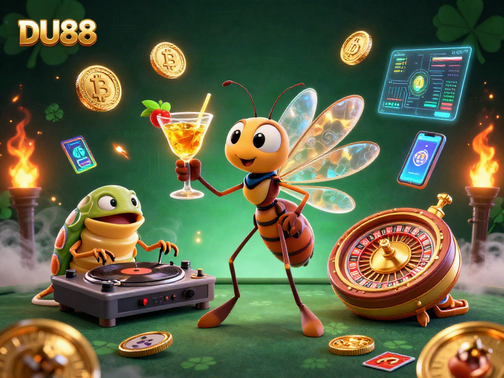 Engage in thrilling gaming at DU88 with a dynamic scene showcasing a casino mascot, trilobite DJ, and neon crypto elements.